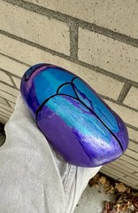 Hand Painted Art “Jewel Flower Beetle ” in Metallic Acrylic on a Rock! 6.5x4x2