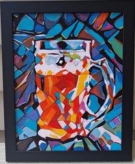 Original painting on cardboard, BEER, cubism, 10 X8″, signed, framed