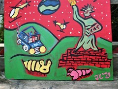 STATUE OF LIBERTY ON MARS by Jr CHARLIE FAST FOLK POP ART SPACE WORMS PAINTING