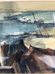 Signed Adele Giles Mid Century WC Of A Rocky Beach 16” X 18 1/2”