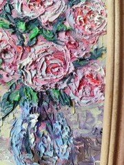 Original Pink Roses Oil Painting Framed 5×7″ Signed Impasto Palette Knife Art
