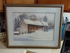 Painting of barn covered snow fine art watercolor landscape painting (original)