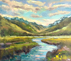 Original Oil Painting Impasto Landscape Mountains Lake Nature Art Signed 12×14″