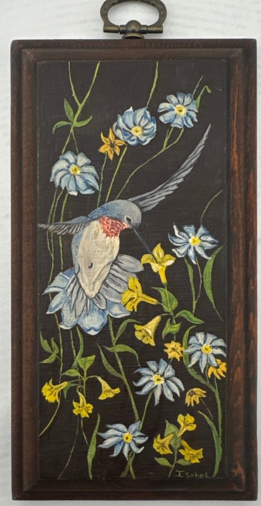 Blue Hummingbird Flowers Painting on Wood block by Isabel 3.5 x 6.5 inches