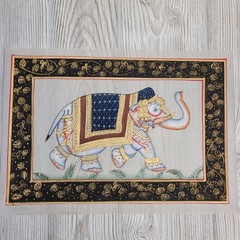 Indian Silk Painting Royal Elephant 10×13 Multicolor Gold Leaf Border Vtg Circus