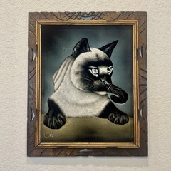 Vintage Black Velvet Siamese Cat Painting Mid-Century Artist Signed Wooden Frame