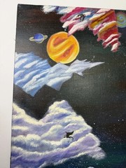 BJS Signed Original Fantasy Outer Space Planets Dragon Canvas Painting 2004