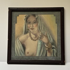 ART DECO DRAWING PRETTY WOMAN WOMEN FEMALE MODEL SIGNED MARSHALL MID CENTURY