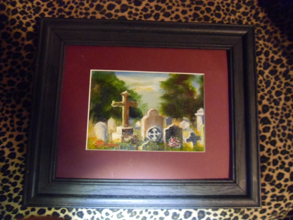 Antique signed oil painting 8 x10 original D THOBRY lovely church graveyard RARE