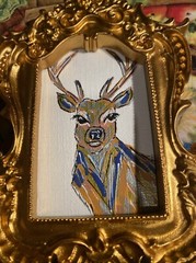 Deer, Original Painting On Paper,4/5,framed,gold,miniature,small,mini,cute