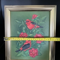 VTG Original Acrylic Art Painting Red Birds & Flowers signed Karen Hubbard