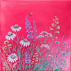 Original Wildflower Painting, Floral Meadow Art, Pink Bontanical, Cottagecore