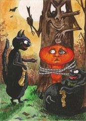5×7 PRINT OF PAINTING HALLOWEEN PUMPKINHEAD RYTA VINTAGE STYLE FOLK ART CATS BAT