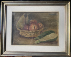 OIL ON CANVAS SIGNED E. GASPARI FRUIT BASKET APPLES PEARS ZUCCHINI STILL LIFE