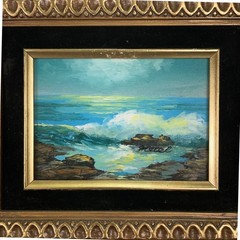 Vintage Pair Signed Oil Paintings Seascape Autumn Landscape Velvet Wolsey Frames
