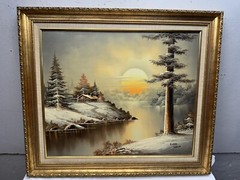 RICHARD SHELTON OIL ON CANVAS RIVER SNOW SUNSET LANDSCAPE PAINTING GOLD FRAME