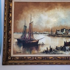 44×32 Original Oil Painting Signed Karoni seaside Bay Sea View Nautical Boat Bay