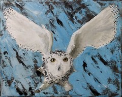 Oil Painting Snowy Owl Bird of Prey Animal Winter Landscape Art by A. Joli