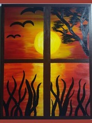 ‚Window Lake Sunset‘ Hand-painted, Original Acrylic Wall Art. Stretched Canvas