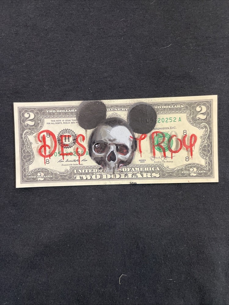 skull mickey DESTROY 2 Dollar Bill Original painting Graffiti Art Street Art
