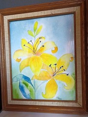 Vtg 1997 Signed Framed Matted Yellow Lilly Water Color Painting 9.5 x 7.5 Inner