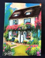 ORIGINAL 2.5×3.5” ACEO Sibley Painting Colorful Watercolor “FLOWER COTTAGE” #10
