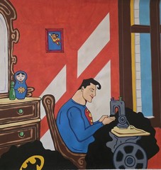 SUPERMAN (Gig Worker) Cuban Pop Art Painting Shows Superhero Sewing BATMAN Cape