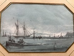 Mixed Composition Marine Landscape Boats Official Navy Painter? Signed