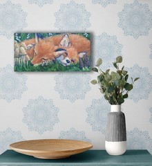 Sleeping Fox Cubs Original Oil Painting Fox and Mushroom Canvas Art 8×20″