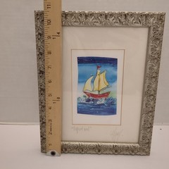 Small Artist Signed „Tropical Boat“ Sailboat Water Color Professionally Framed
