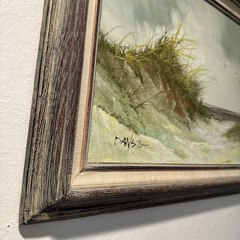 Vintage „Beach Seascape Dunes Seagulls “Oil Painting Signed Framed 21”x17”