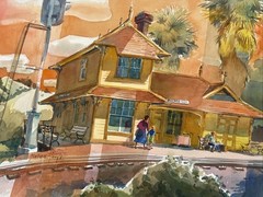 American Regionalism Landscape Painting Historic Landmark Train Station Railroad