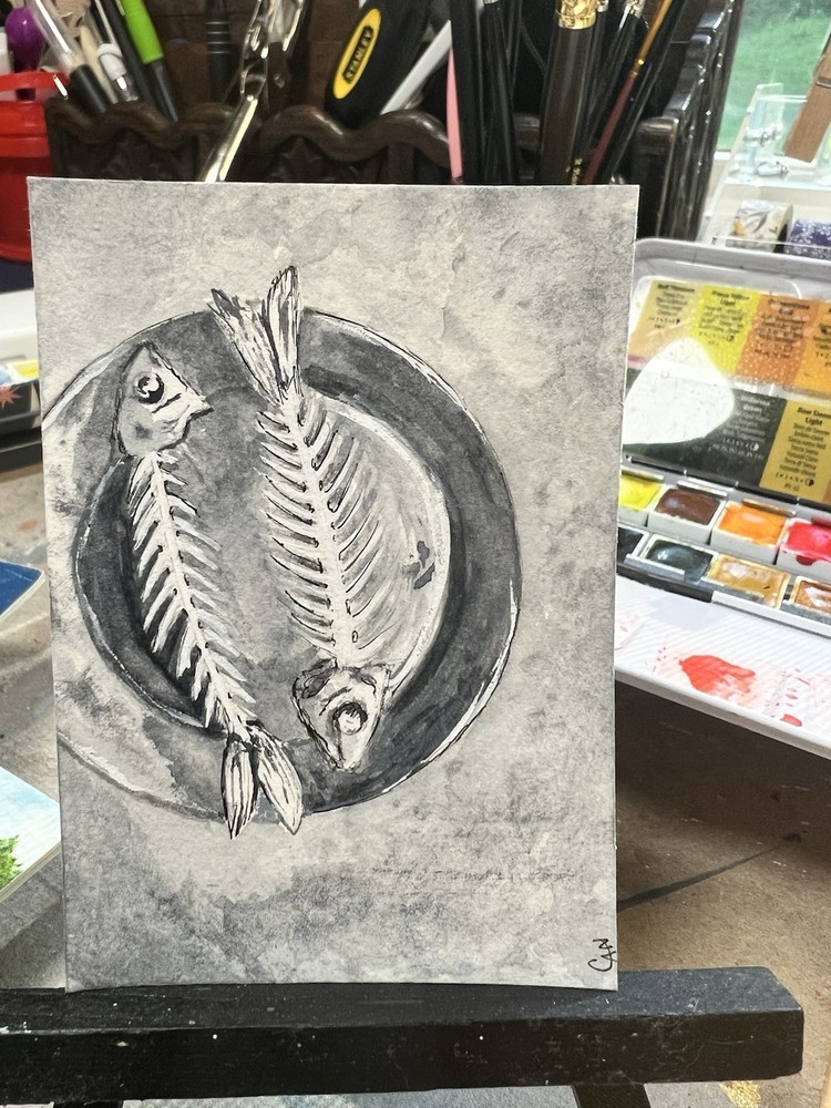 ACEO/ATC Original Painting 2.5 x 3.5 In., Watercolor Fish Plate Bones 1 Color
