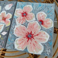 Pair Of 8 X 10 Pink And Gray Tropical Floral Paintings On Canvas