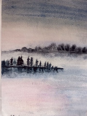 original watercolor painting nature landscape sunrise reflection sky in thewater
