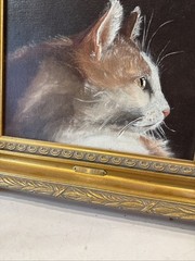 Two Real Oil On Canvas Paintings Art Signed Frames Feline Cat Kitty Wood Framed