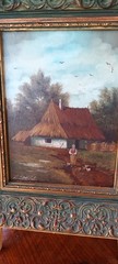 Oil Painting Art Oil on Wood Peasant Woman with Chickens 33x28cm