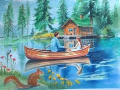 ACEO Mini Art Landscape Print SERENE LAKE Boat Man Woman Cabin Peaceful Scene
