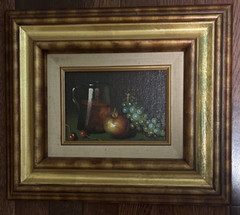 Still Life Fruit Grapes Apple Cherries Wine Pitcher Board Painting De Mazia