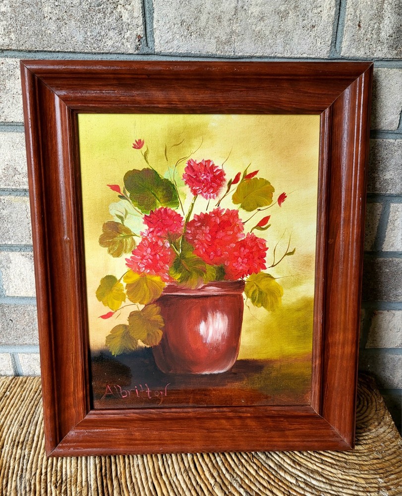 Original Oil Painting Signed Framed Red Geraniums still life Floral 14×18