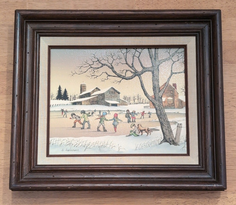 H. Hargrove „The Ice Skating Pond“ Winter Scene Oil Painting On Canvas Framed