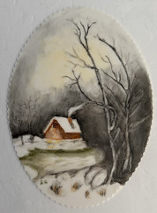 Vintage Winter Cabin Handpainted Porcelain Frame Filler Plate Artist Signed