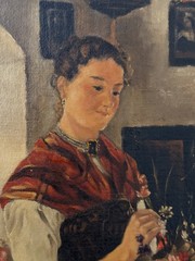 Early 1900s ORIGINAL European SIGNED ‚KS‘ Rural Interior Genre Scene Oil FRAMED
