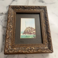 Vtg Framed Oil Painting on Canvas White Lighthouse, Rocky Cliff Ocean 6.5×5.5”