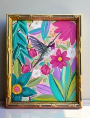 ORIGINAL Bamboo Framed Hummingbird Painting – Framed Tropical Floral Bird Art