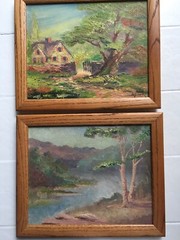 Pair Early American Oil Paintings Landscape & Cottage Farm House Signed c. 1947