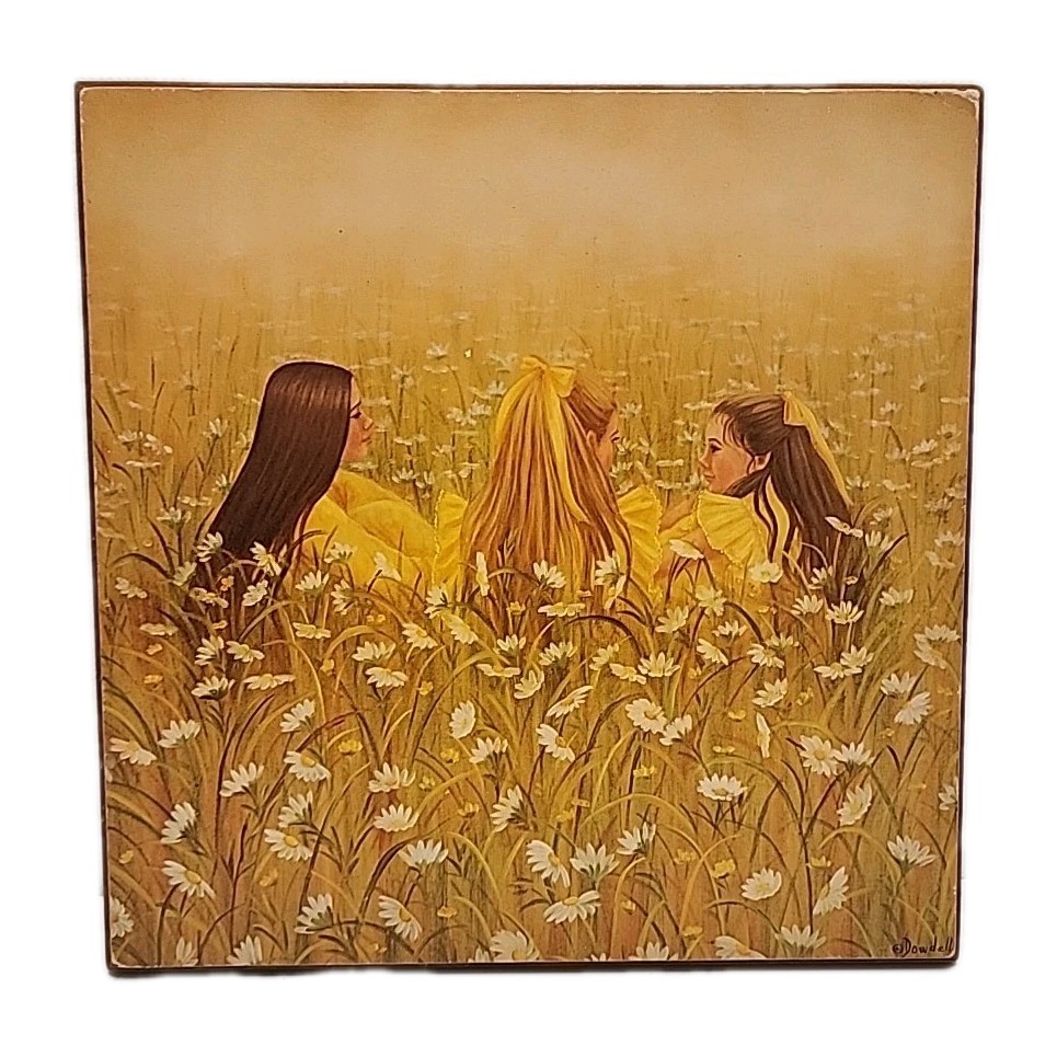 1976 Shiela Dowdell Painting Plaque, 3 Girls In Field Two Brunette One Blonde