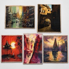 Lot 5 Vtg Large Original Oil Paintings on Canvas Cityscape Seascape Asian Decor