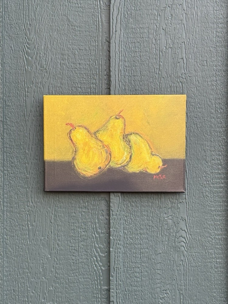 Original Pear Still Life Painting Signed Canvas Wall Art Yellow Kitchen Decor