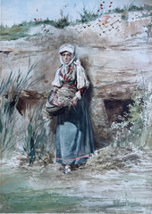 Antique 19th century Italian School watercolor Beautiful Woman with Basket